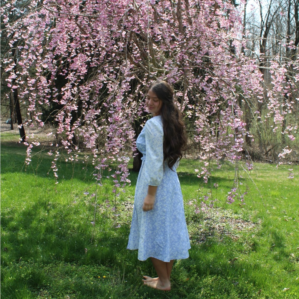 Blue Floral wrap midi Dress